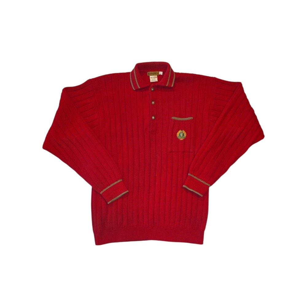 Vintage Ruff Hewn Sweater Polo Large Red Cotton Ribbed Crest Pocket 90s